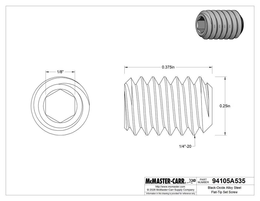 Technical Drawing of Black-Oxide Alloy Steel Flat-Tip Set Screw, 1/4"-20 Thread Size, 3/8" Long.